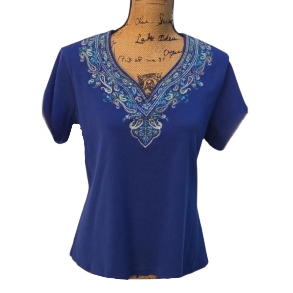 NEW Boho Embroidered Paisley Royal Blue Top